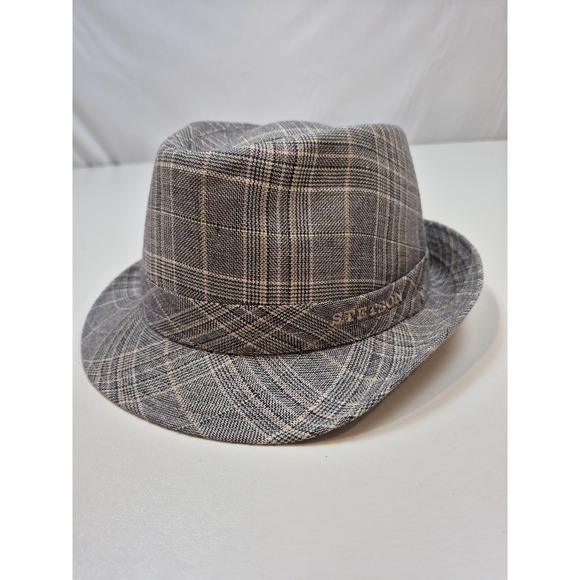 Stetson Fedora Hat Men's L Gray Plaid Wool Linen Lined Casual Embroidered Logo